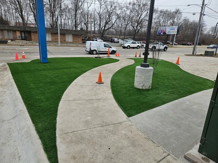 Freshly installed synthetic turf lawn
